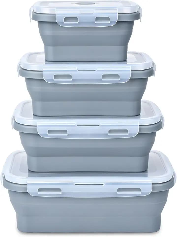 Collapsible Silicone Food Storage Containers 4 Set Airtight Leak Proof Food Containers with Lids Stackable Meal Prep for Microwave Freezer Dishwasher for Kitchen Camping Office Gray