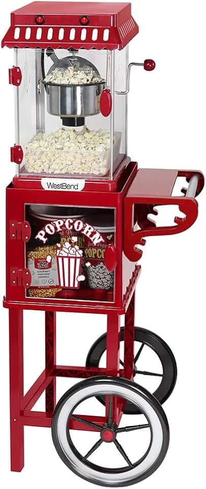 West Bend Popcorn Popper Machine Theater Style on Wheeled Cart with Non-Stick 2.5 Oz Stainless Steel Popcorn Kettle, Storage Shelf, and Popcorn Scoop, 10-Cup, Red