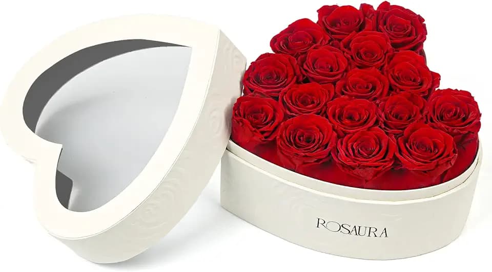 Rosaura Heart-Shaped Preserved Roses Gift Box - Real Forever Flowers for Christmas, Birthday, Valentine's & Mother's Day (red, 16 roses)