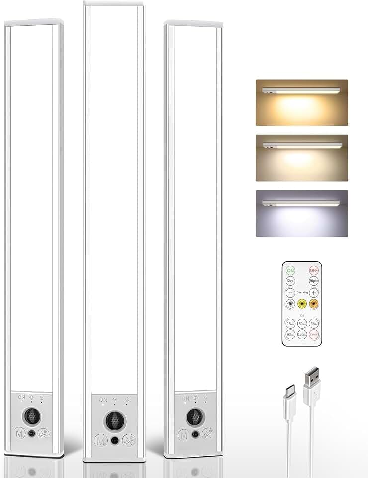 EZVALO 3-Pack 16.5inch Under Cabinet Lighting with Remote, 4000mAh Rechargeable Motion Sensor Lights, Magnetic Dimmable Closet Light, 3 Color Temps Wireless Lights for Kitchen, Pantry, Stair