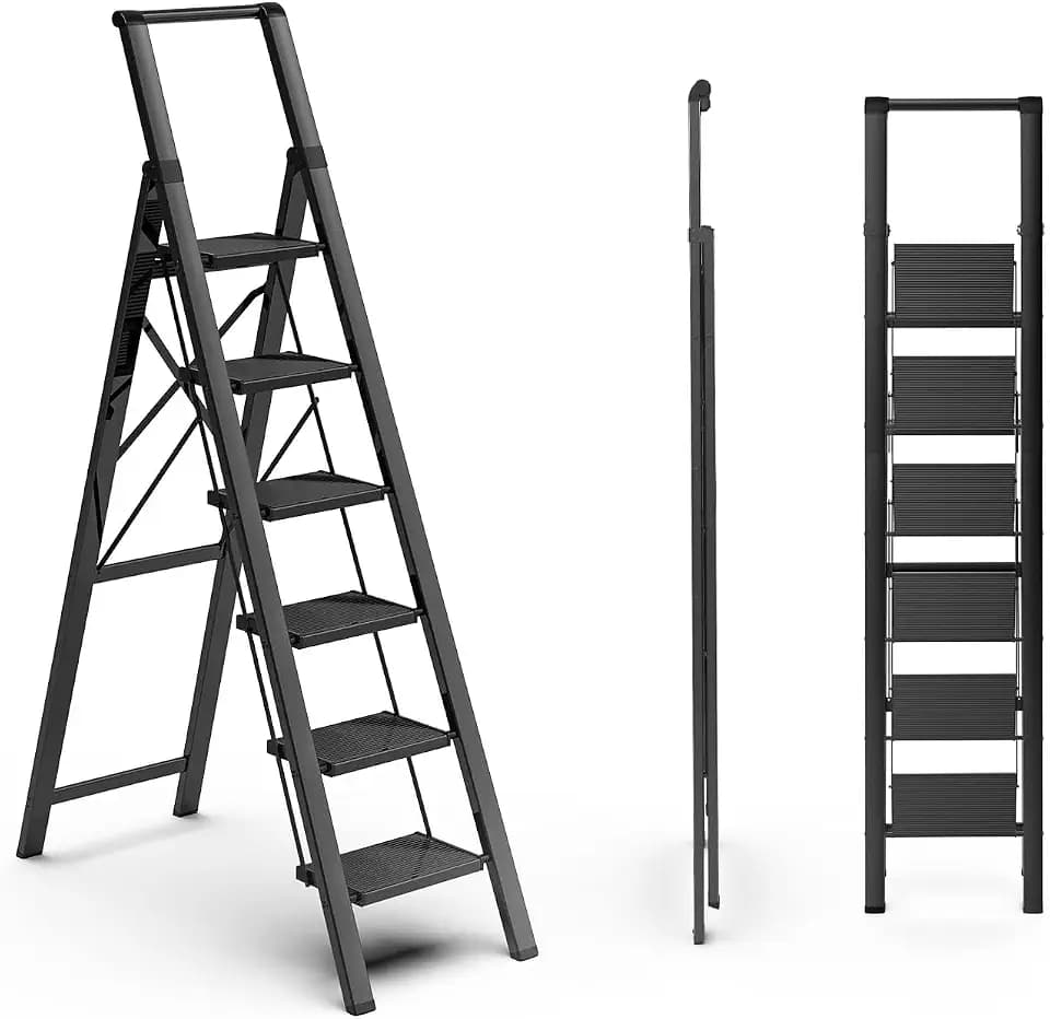 SOLADDER 6 Step Ladder, Folding Step Stool, Lightweight Stepladder, Black