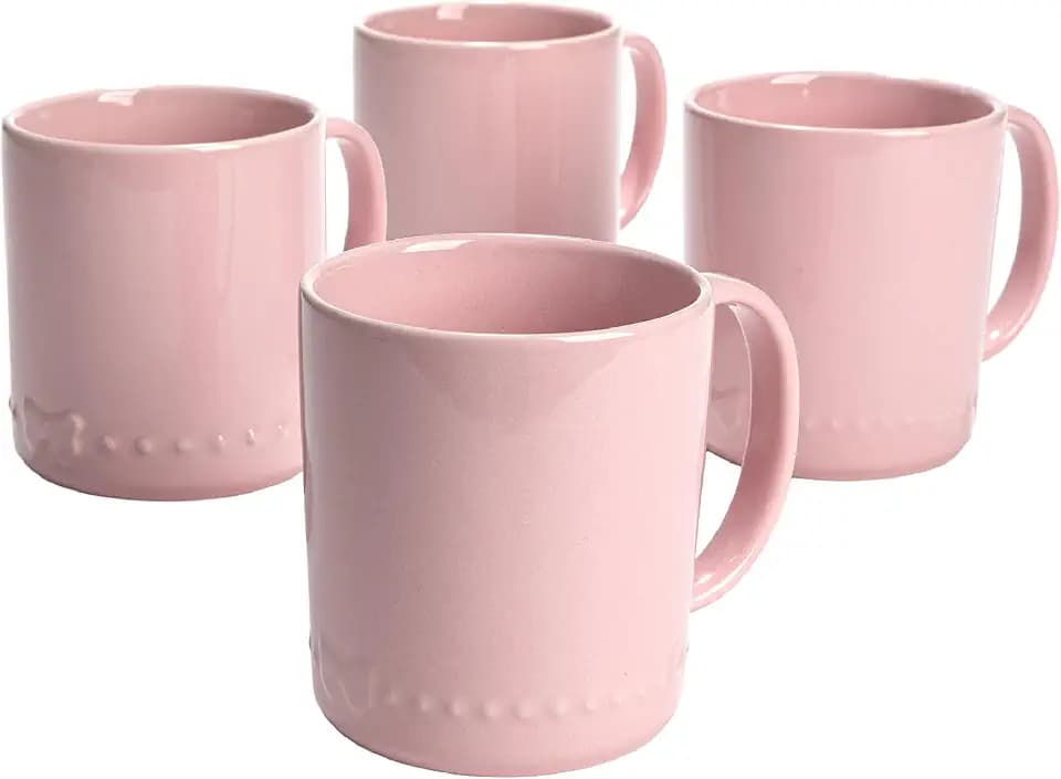 Paris Hilton Ceramic Coffee Mug Set of 4, Stoneware Mugs with Embossed Bow Design for Coffee, Tea, Cocoa, and More, Microwave and Dishwasher Safe, 12-Ounce, Pink