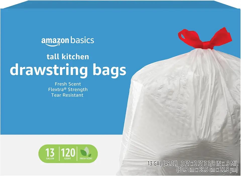 Amazon Basics Flextra Strength Tall Kitchen Drawstring Trash Bags, Fresh Scent, Tear Resistant, 13 Gallon, 120 Count