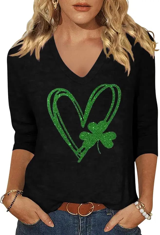 Womens 3/4 Sleeve V Neck Valentine T Shirts Love Heart Printed Graphic Tee Tops