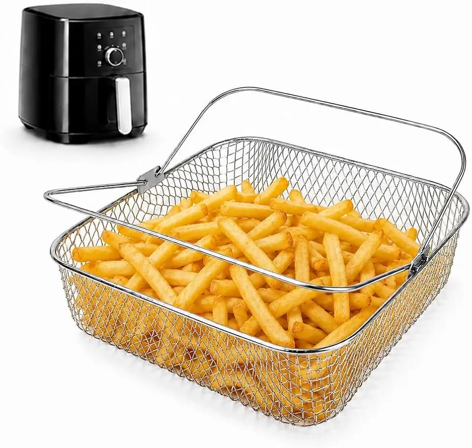 Square Air Fryer Basket with Handle, 8.5 inch Wide Air Fryer Accessories, 304 Stainless Steel Mesh, Airfryer Accessory for 5.8QT 6QT and above, COSORI,Instant Vortex, Instant Vortex Plus, Phillips XXL
