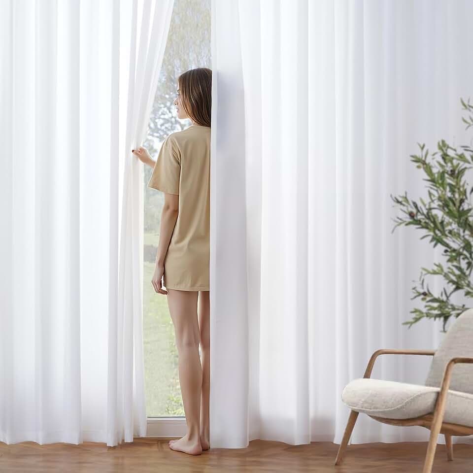 MIULEE White Semi Sheer Privacy Curtains Drapes 2 Panels 52W x 92L