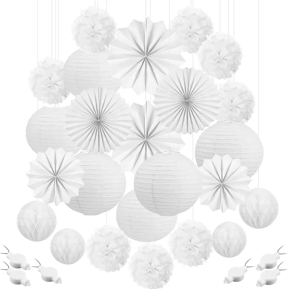 Rossesay 30 Pcs White Wedding Party Decorations Hanging Paper Lantern Fans