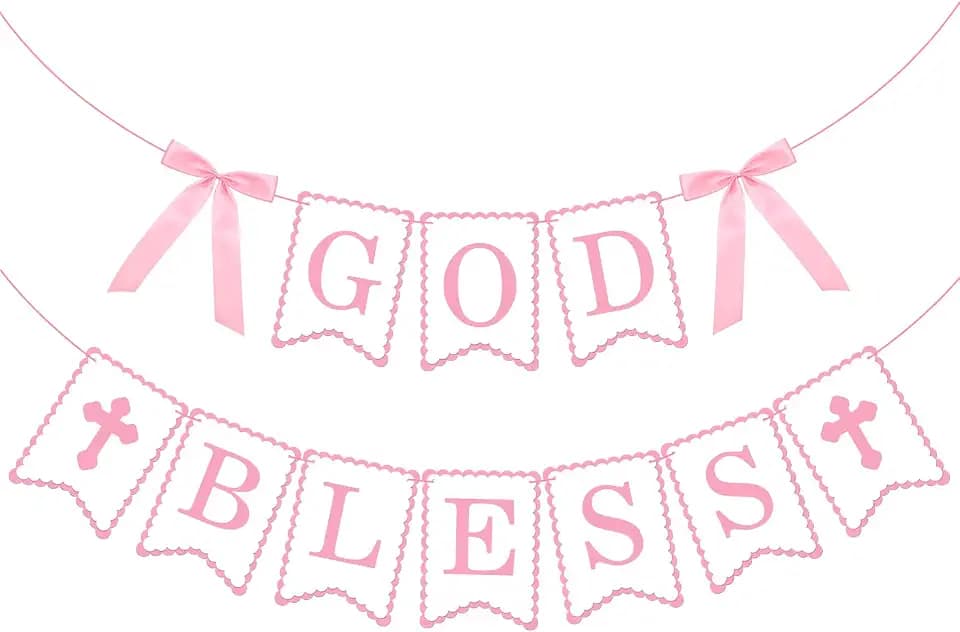 Lumina God Bless Banner Pink Bow Double Layer Baptism Decorations