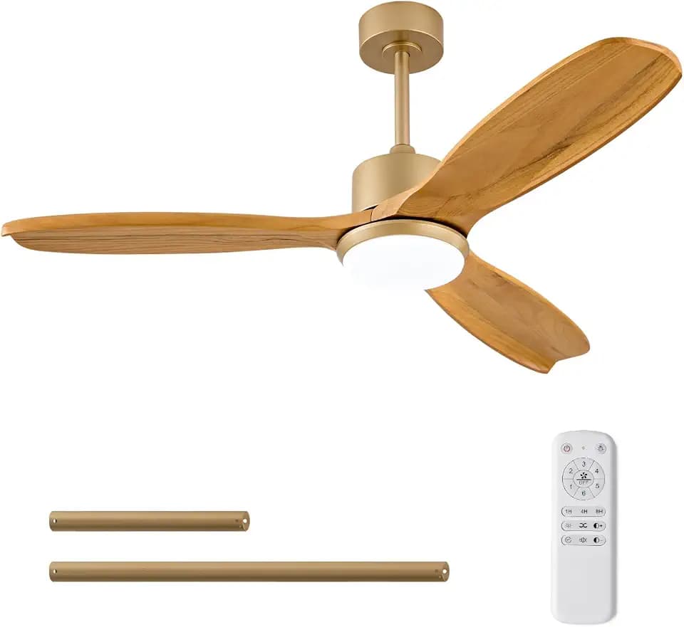 KBZZ 52 Inch Ceiling Fans with Lights and Remote, 3 Blade Wood Ceiling Fan with Light, Dimmable, Reversible DC Motor, Memory Function, Modern Indoor Outdoor Ceiling Fans for Patios Bedroom (Gold)