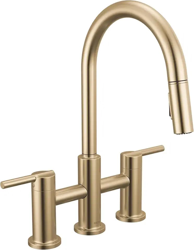 Delta Nicoli Brushed Gold Kitchen Faucet with Pull Down Sprayer, Bridge 3 Hole Modern Kitchen Sink Faucet, Two-Handle, Champagne Bronze 39876LF-CZ