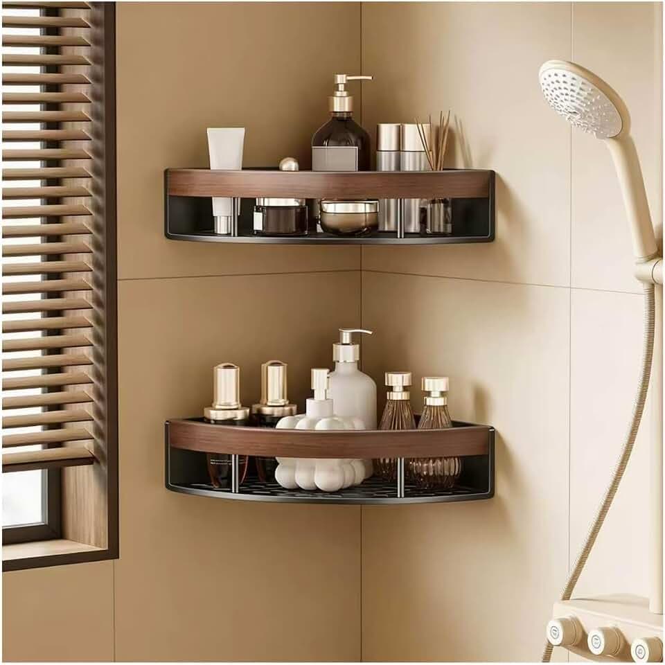 2-Pack Corner Shower Caddy with Walnut Wooden Shelf, Wall Mounted Bathroom Organizer, Matte Black Aluminum Alloy Storage Rack for Toilet, Dorm and Kitchen