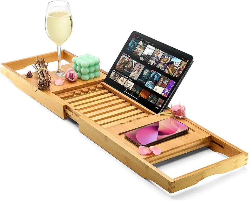 Luxury Premium Bathtub Tray Caddy - Foldable, Expandable, Fits Most Tubs