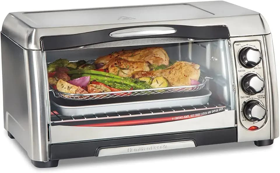 Hamilton Beach Air Fryer Countertop Toaster Oven with Large Capacity, Fits 6 Slices or 12” Pizza, 4 Cooking Functions for Convection, Bake, Broil, Easy Access, Sure-Crisp, Stainless Steel (31323)