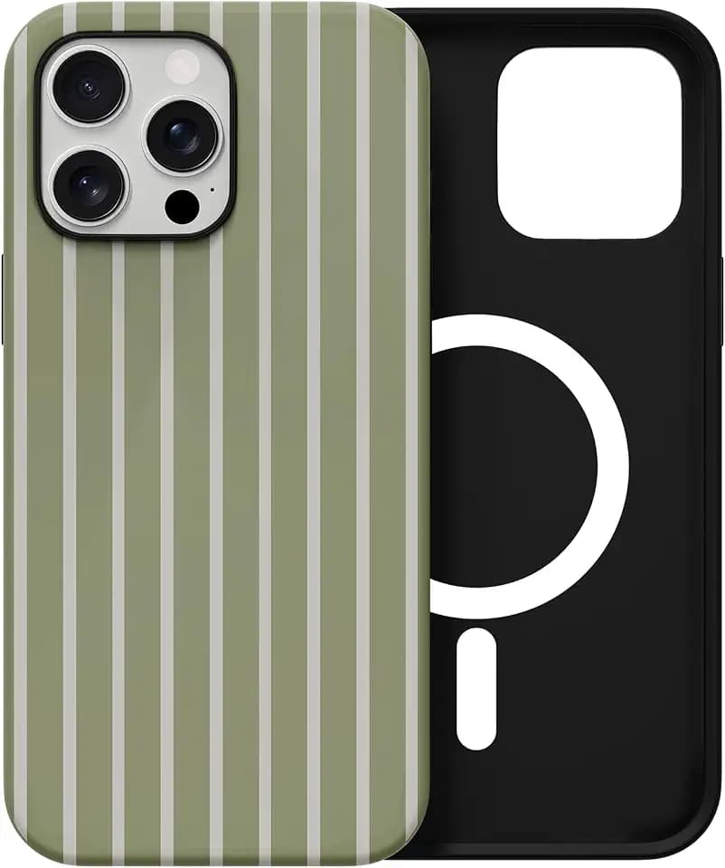 Skyseaco for iPhone 14 Pro Max Case with Magsafe Cute Striped Phone Case, Shockproof Slim Soft TPU and Hard PC Double Layer Protective Cover for Women, Sage Green