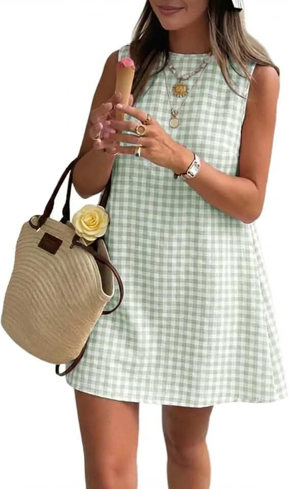 IDEALSANXUN Womens Gingham Dress Spring Summer Cotton Cute Mini Sundresses