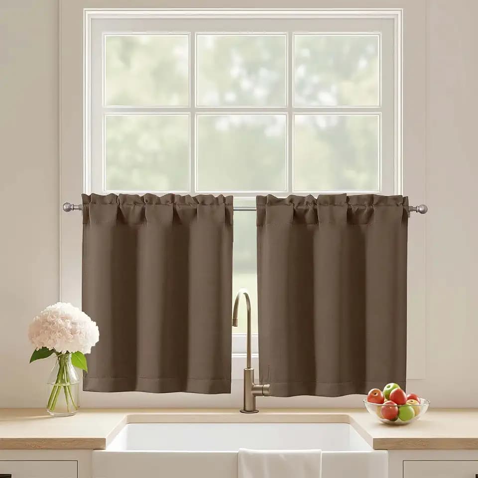 Cafe Curtains 24 Inch Length, Light Blocking Short Kitchen Window Curtains Over Sink, Half Window Blackout Drapes Tier Rod Pocket for Bathroom Basement Cabinet, Brown, 2x30Wx24L Inches