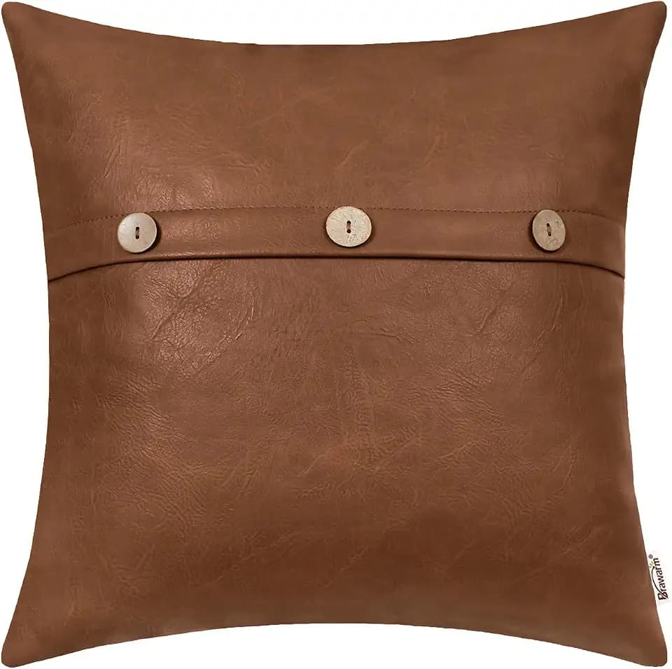 BRAWARM Faux Leather Throw Pillow Cover 20x20 Inch, Brown Triple Button