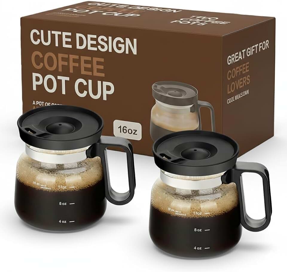 16 Oz Coffee Pot Mug,Mini Coffee Pot Cup,with Spill Proof Lid Heatproof Glass Mug Large Capacity ideal Gift for Coffee Lovers (2Pcs)