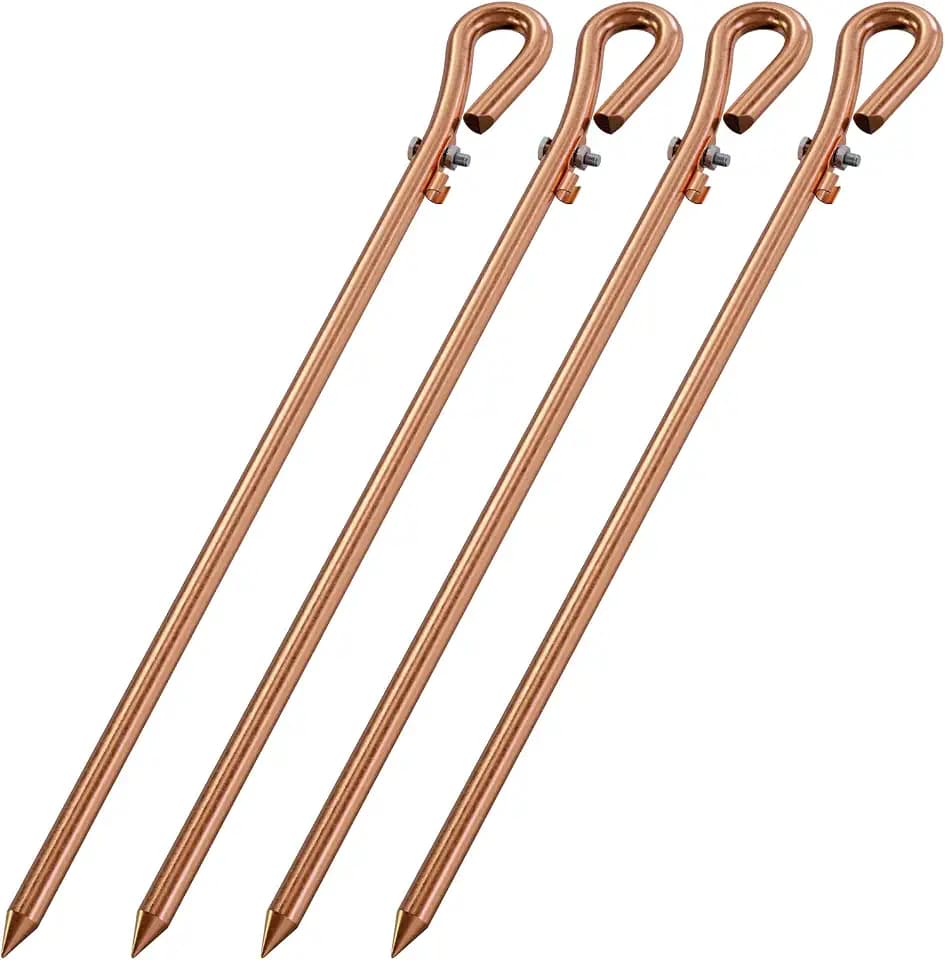 Portable Ground Rod - Copper Electrical Grounding Pin with Ground Wire Lug| Great for Electric Fences,Antennas,Satellite Dishes,Ground Post Pin,Tie Out Stake (Set of 4 Ground Pin)