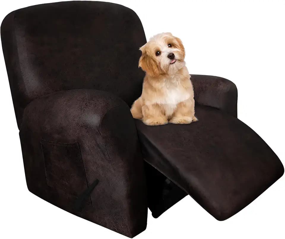 molasofa Recliner Chair Covers - 4 Pieces Leather Like Large Recliner Chair Covers with Pocket Waterproof Non Slip Stretch Recliner Slipcover Washable (Chocolate)