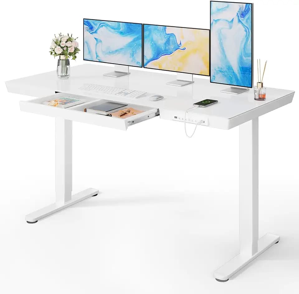 Marsail Glass Standing Desk with Drawer,55 x 28 inch Electric Standing Desk, Adjustable Height Desk with Storage & USB Charging Ports, One-Piece Standing Desk for Home & Office, White