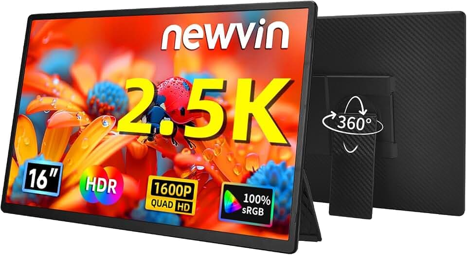 Portable Monitor 2,5K 16" QHD 1920x1600P HDR IPS Tragbarer Mobiler Monitor USB-C HDMI Plug & Play Portabler Zweiter Bildschirm Externer Display Screen für Laptop PC Smartphone MacBook Xbox NUC