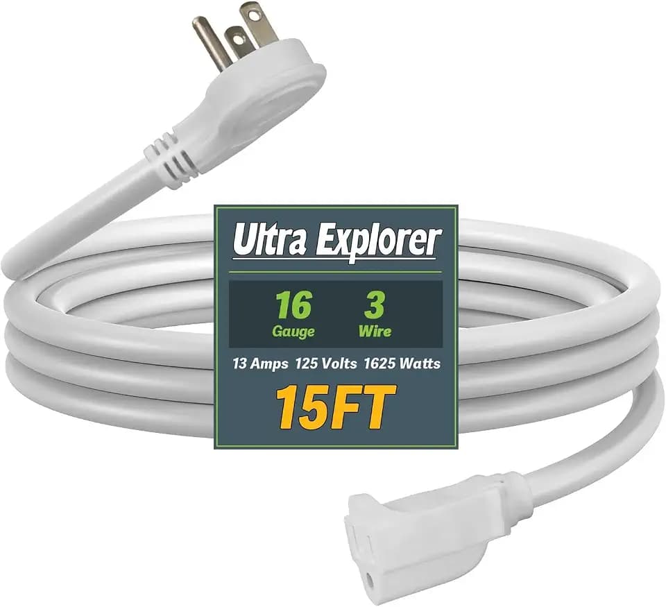 Ultra Explore 15 FT Flat Plug Extension Cord, 16 AWG 3 Prong Grounded