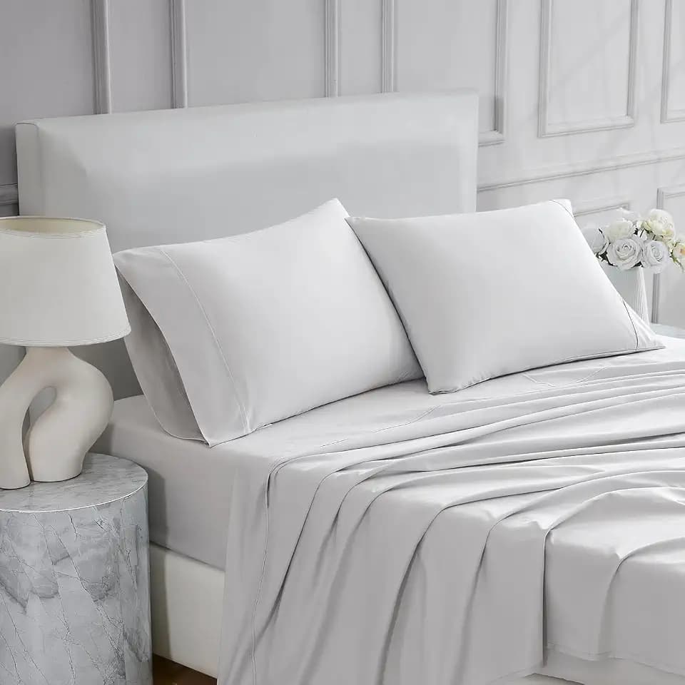 Linen Closet 4 Pcs 100% Cotton King Size Sheets Set, Light Gray, 400 Thread Count, Percale Weave, Deep Pocket Fitted Sheet, Fits Up To 18" Mattress, Crisp & Cooling Bed Sheets for Home & Hotel Use