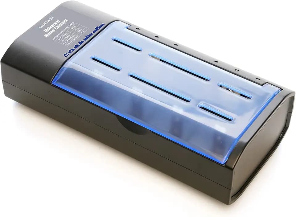 LLOYTRON Universelles Batterieladegerät für AA/AAA/C/D/9 V (PP3) NiMH-Akkus – lädt einzelne Akkus auf einmal auf einmal – B1531 – Schwarz