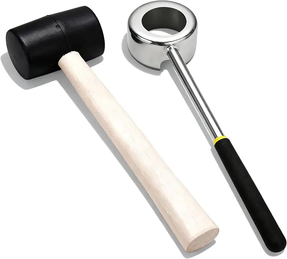 Coconut Opener Tool Set with Food Grade Stainless Steel Cutter & Rubber Mallet - Safe Easy Opener, Knife and Breaker for Young Coconuts