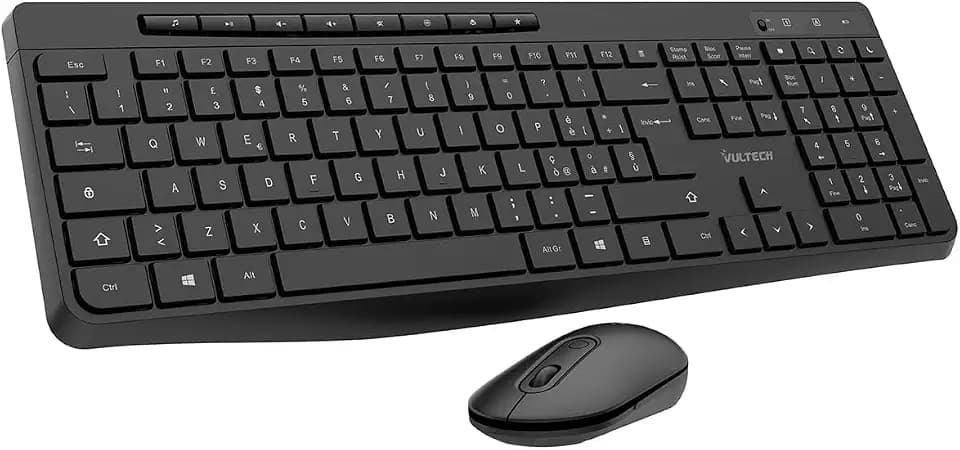 VulTech KM-841W Tastatur- und Maus-Kit, geräuschlos, italienisches QWERTY-Layout, schlankes Design, Ziffernblock, 12 Multimedia-Tasten, Flüssigkeitsschutz, PC/Laptop, Windows/Mac/Linux, Schwarz