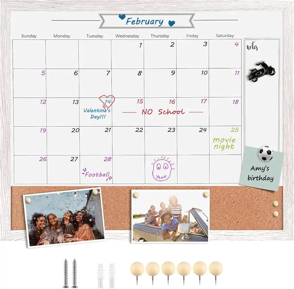 Dry Erase Calendar Whiteboard for Wall, Large Combination Magnetic Dry Erase White Board & Bulletin Board, 23.6" x 31.5" Wood Framed Calendar/Cork Combo Board(WH-6080)
