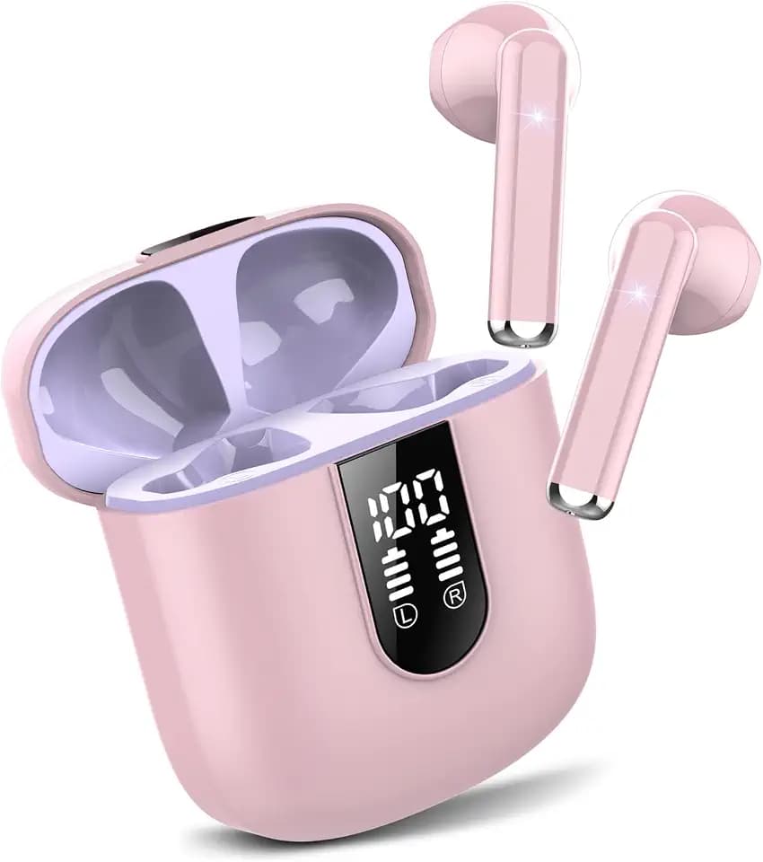 Bluetooth Kopfhörer In Ear, Kopfhörer Kabellos Bluetooth 5.3, Ultraleicht Ohrhörer mit HD Mikrofon, Herausragender Sound Musik Streaming bis zu 30 Stunden, LED-Anzeige, IP7 Wasserdicht, Pfirsichrosa