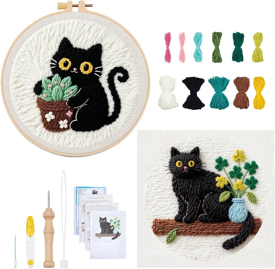 BEUNITONE 2PCS Cat Punch Needle Kit for Adults Beginners, Complete Craft Embroidery Needlepoint Kits with Hoop and Instructions, Punch Needle Starter Craft Set for Home Decor, Festival Gift 20x20cm