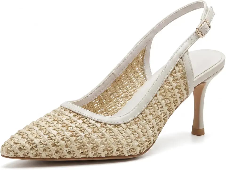 Women’s Woven Slingback Heels, Pointed Toe Dress Pumps with Adjustable Buckle Strap, Breathable Open-Weave Stiletto Shoes for Vacation Party Wedding