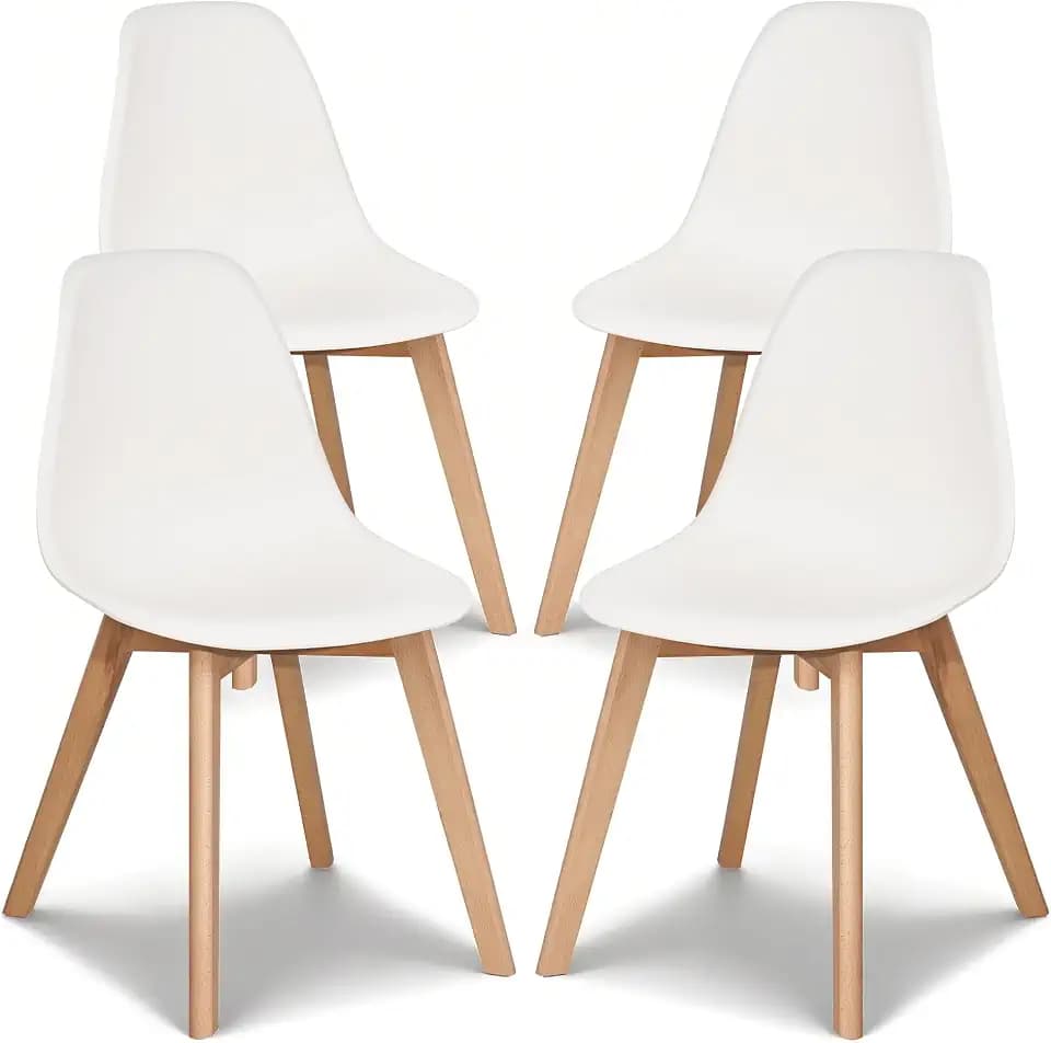 VECELO Dining Chairs Set of 4, Mid-Century Modern Kitchen & Dining Room Chairs, Molded Plastic Seat & Back, Solid Wood Legs, Armless, Non-Slip Feet, White