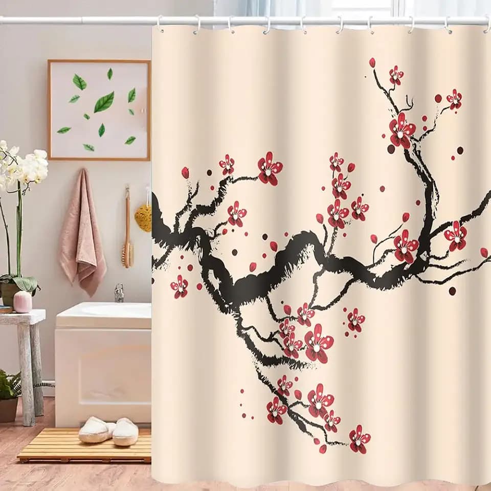 Cherry Blossom Shower Curtain Chinese Traditional Antique Ink Painting Art Plum Floral Shower Curtains Bathroom Accessories Waterproof Polyester Fabric with Hooks, 69 x 70 Inch