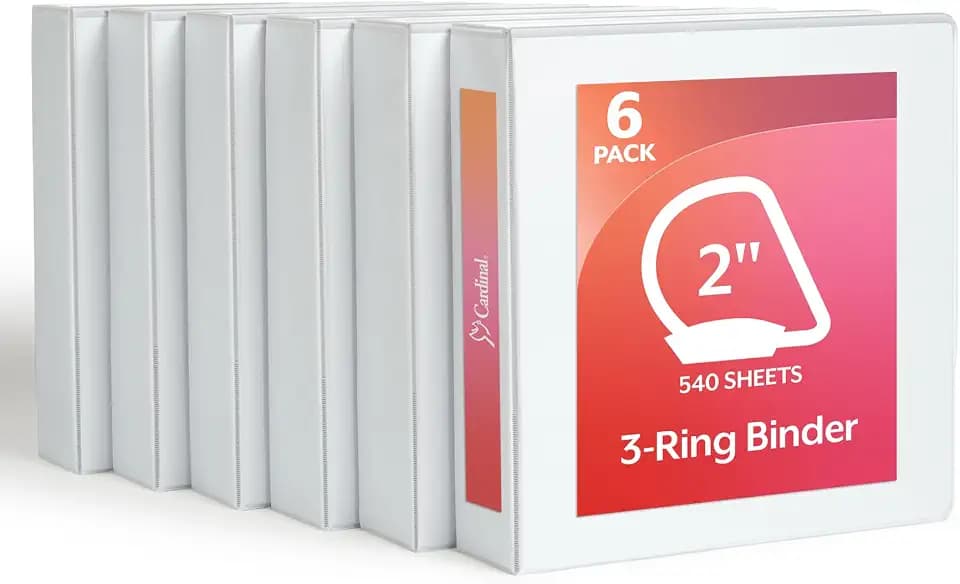Cardinal 2 Inch Binders, 6 Pack, 3 Ring Binder, 2 inch 3 Ring Binder, D-Ring, Holds 540 Sheets, Non-Stick, PVC Free, Three Ring Binders for Organization and Presentations, White