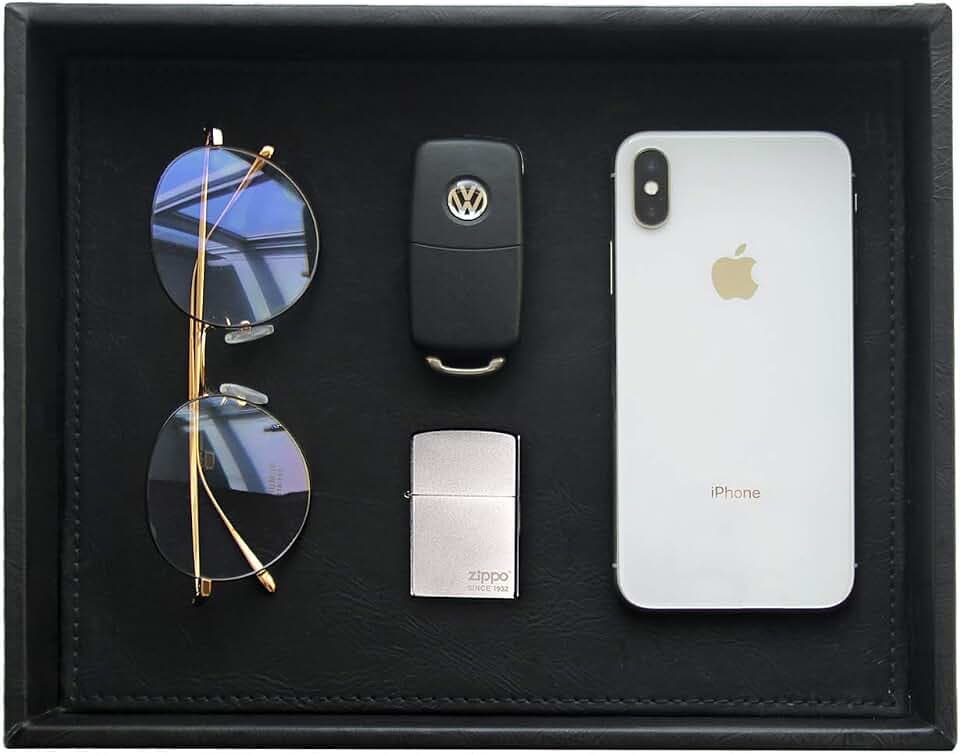 Vixdonos Valet Tray Nightstand Organizer Leather Catchall Tray for Perfume,Jewelry,Key and Remote on Counter or Dresser(Black)