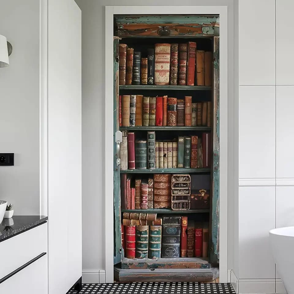 REDAMANCY Vintage Book Shelf Red Green Brown Antique Peel and Stick Door Stickers Vinyl 3D Door Mural Decals Decor Wallpaper Self-Adhesive, Waterproof, Removable