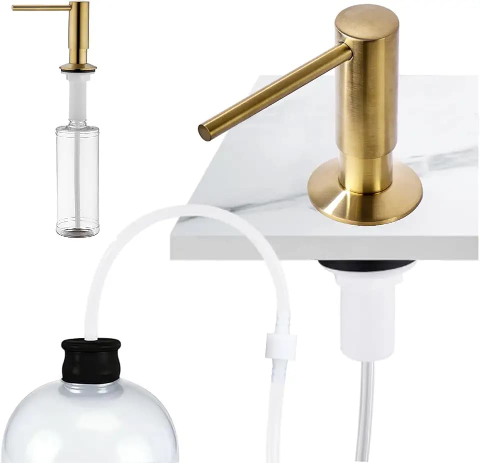 Avola Brushed Gold Deck Mounted Lotion or Soap Dispenser for Kitchen Sink, Spot-Free Brass Pump Liquid Lotion Kitchen Sink Soap Dispenser with 47" Extension Tube Kit&17 OZ PET Bottle