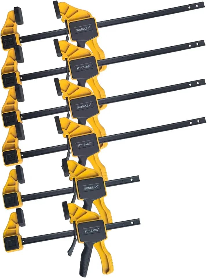 SUNBABA 6 Pack Clamps for Woodworking 12”(4)&6”(2) Light Duty One-Handed F Clamp/Spreader Bar Clamps Set 150LBS Load Limit with Quick Change Button