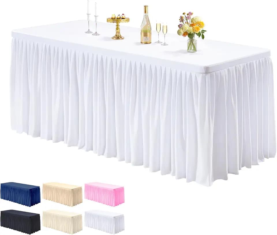 PARTISKY 1 Pack White Tablecloths for Rectangle Tables 6ft, Wrinkle Resistant White Table Cover Fitted Stretch Table Cloth with Pleated Ruffle Skirts for Party Banquet Dining Birthday Wedding