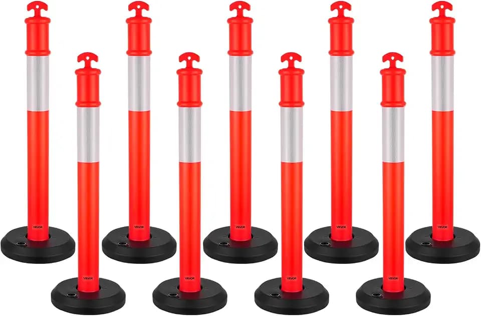 VEVOR 9 Pack Traffic Delineator Posts, 45 inches Traffic Safety Cones with Fillable Base and Reflective Strips, Heavy Duty Delineator Posts for Construction Site, Parking Lot, Crowd Control, Red