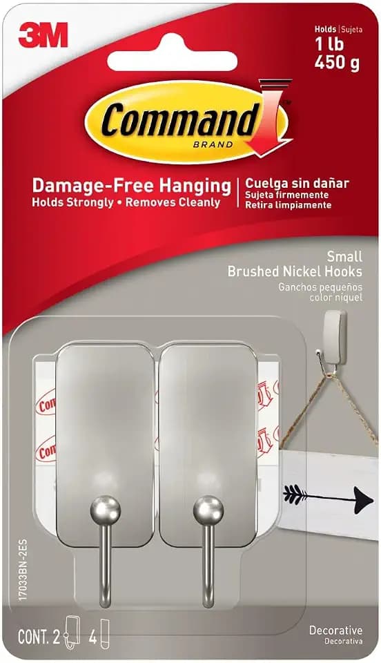 Command Small Brushed Nickel Hooks, 2 Hooks, 4 Strips