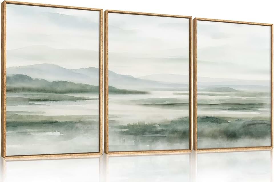HOURIA Watercolor Misty Green Mountain Framed Canvas Wall Art Set-24"x36"x3