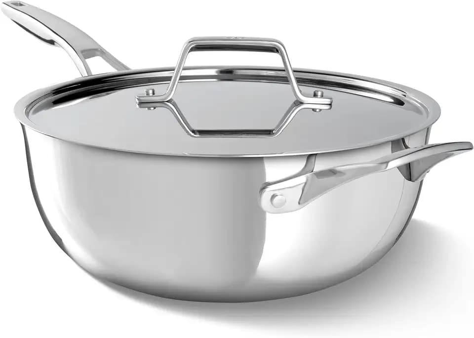 Calphalon Premier Polished 5-Ply Stainless Steel Cookware Set w/Turbo Heat Tech 4.5Qt Chef's Pan with Lid, Induction, Oven Safe 500F, PFOA Free, Polished Stainless Silver