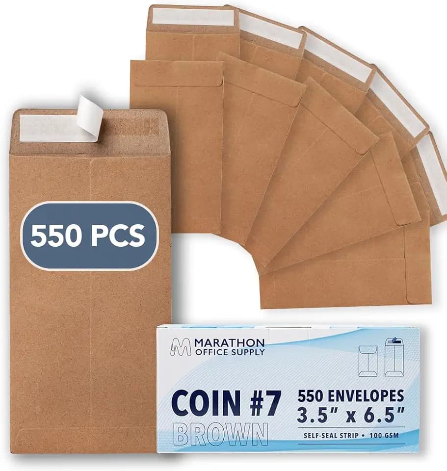 MOS Kraft Coin Envelopes #7 (3.5 x 6.5 Inch) 550 Pack, Self-Seal Brown Money Envelopes for Cash Budgeting, Seed Saving, Small Parts, Keys, Savings Challenge, Tips