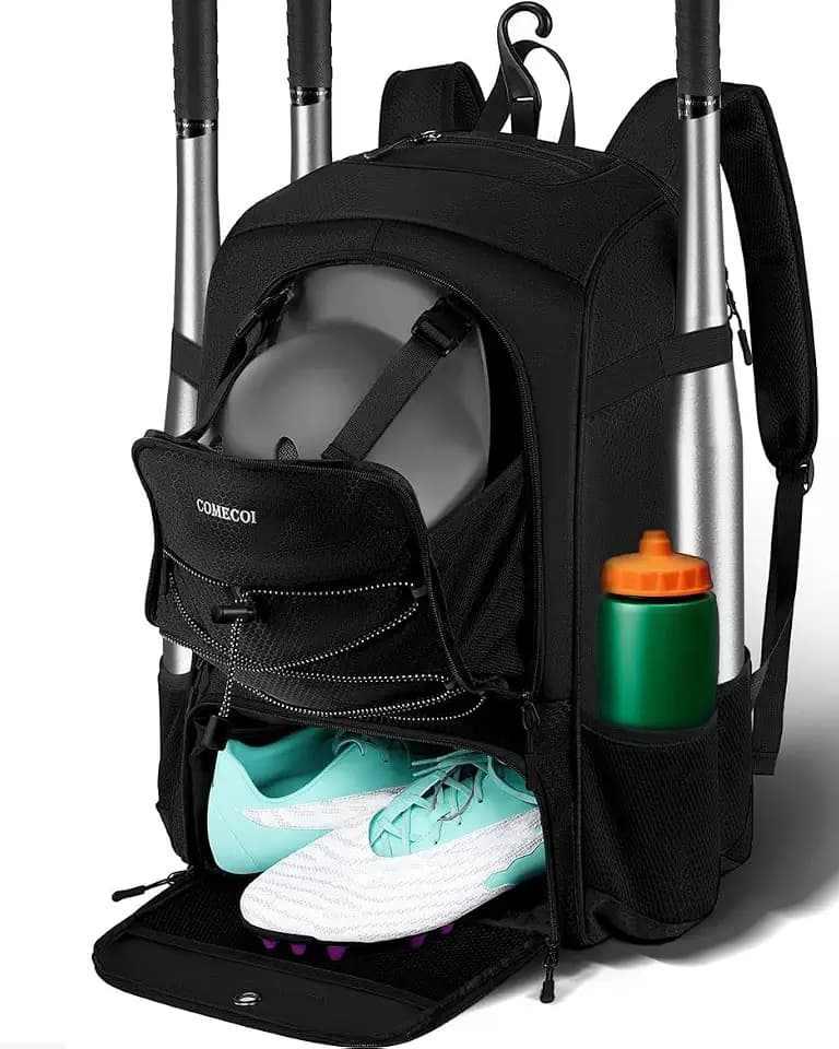COMECOI Baseball Bag, Baseball Backpack with Helmet Shoes Bag for Youth, Adult, Lightweight Softball Bag with Fence Hook Hold TBall Bat, Baseball Glove, Helmet, Caps, All Gear