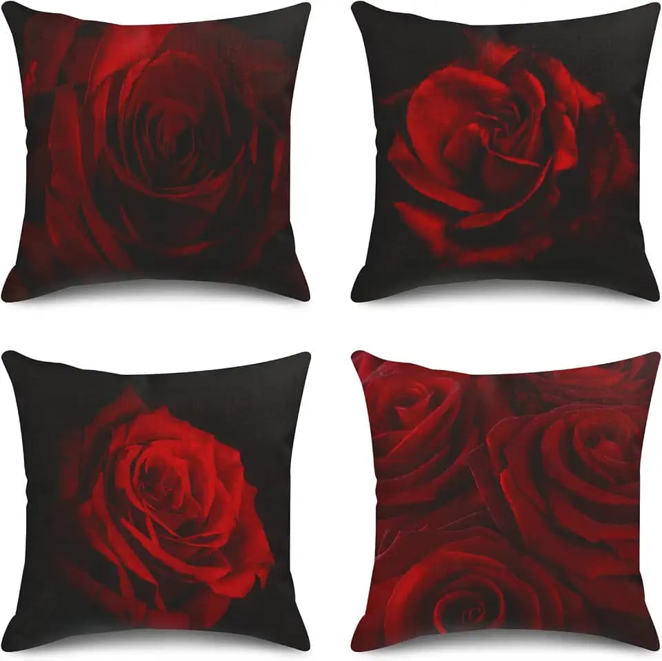 Sanwarm Linen Throw Pillow Covers Set of 4, 20 x 20 Inch, Rose Bloom